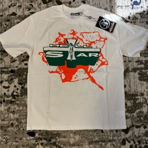 Green and White Short Sleeve Tee with Vintage Car Graphic